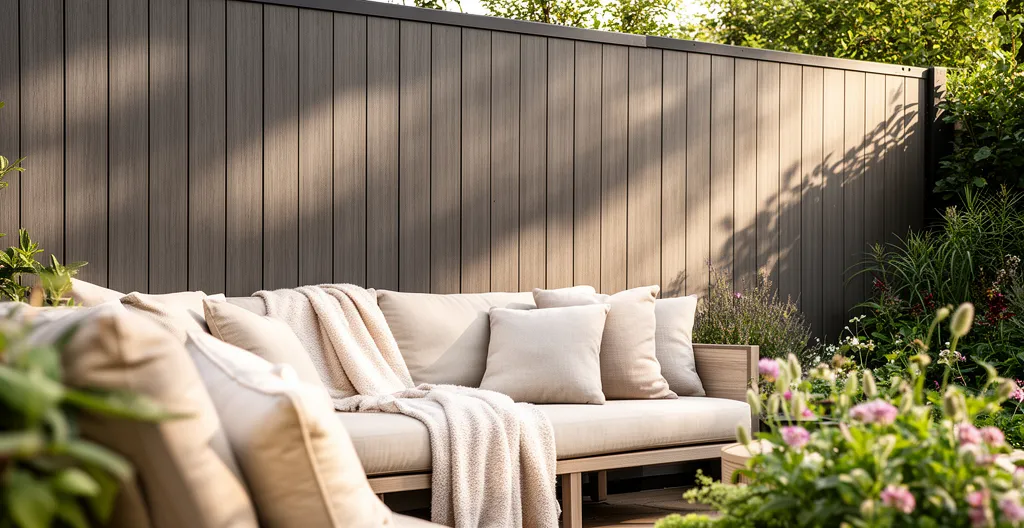 Stylish outdoor lounge area with vertical WPC wall cladding creating contemporary backdrop