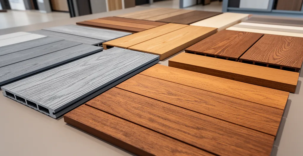 Arrangement of WPC composite panel samples showing different wood-tone colours and grain textures